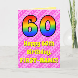 60th Birthday: Pink Stripes & Hearts, Rainbow # 60 Card