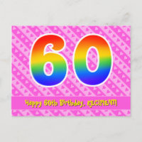 60th Birthday: Pink Stripes & Hearts, Rainbow 60