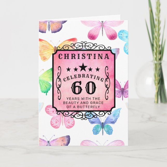 60th Birthday Pink Watercolor Butterfly Greeting Card (Front)