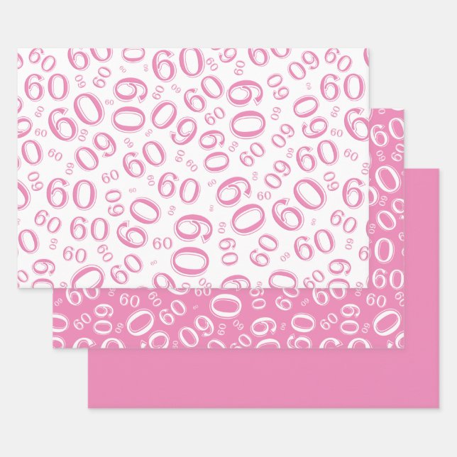 60th Birthday Pink & White Number Pattern 60 Wrapping Paper Sheet (Set)