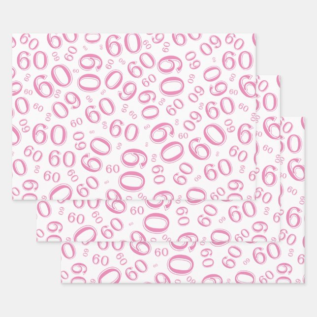 60th Birthday Pink/White Random Number Pattern 60 Wrapping Paper Sheet (Set)
