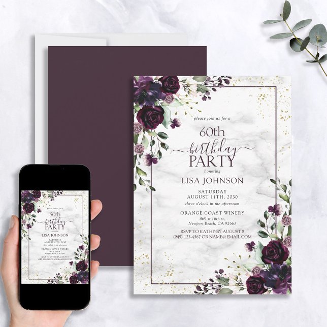 60th Birthday Plum Purple Gold Watercolor Marble Invitation (Creator Uploaded)