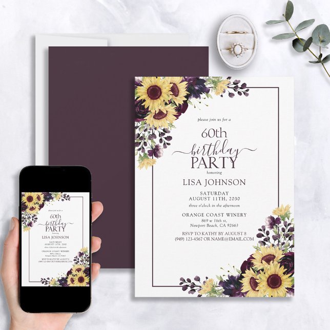 60th Birthday Plum Purple Sunflower Watercolor Invitation (Creator Uploaded)