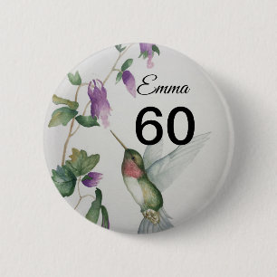 60th Birthday Pretty Bird Garden Flowers Button