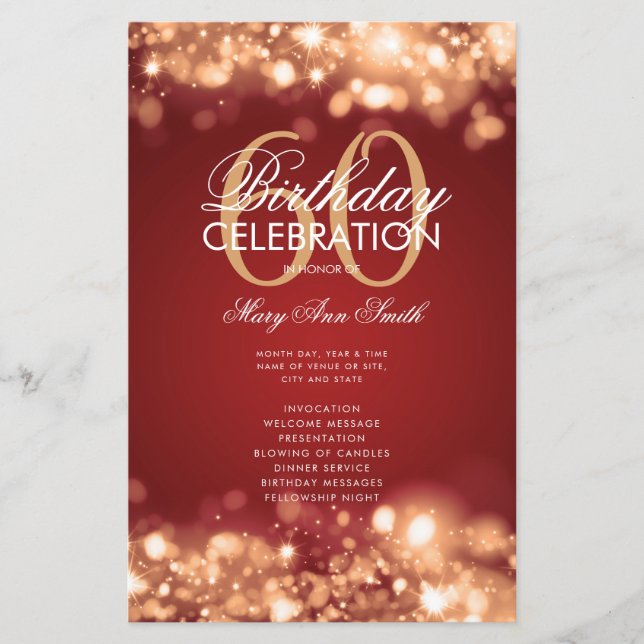 60th Birthday Program Glam Lights Gold Red w/ Menu (Front)