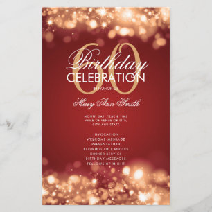 60th Birthday Program Glam Lights Gold Red w/ Menu