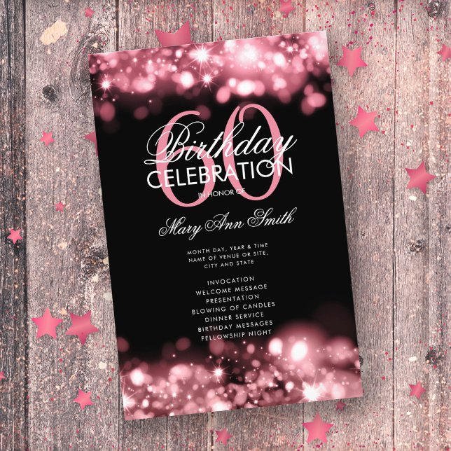 60th Birthday Program Glam Lights Rose Gold Menu (Creator Uploaded)