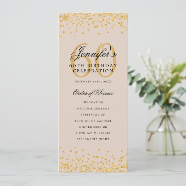 60th Birthday Program Gold Confetti Menu Champagne Invitation (Standing Front)