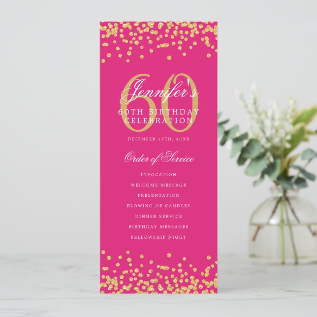 60th Birthday Program Gold Confetti Menu Hot Pink  Invitation (Standing Front)