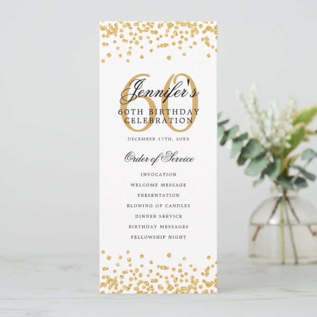 60th Birthday Program Gold Confetti Menu Invitation (Standing Front)