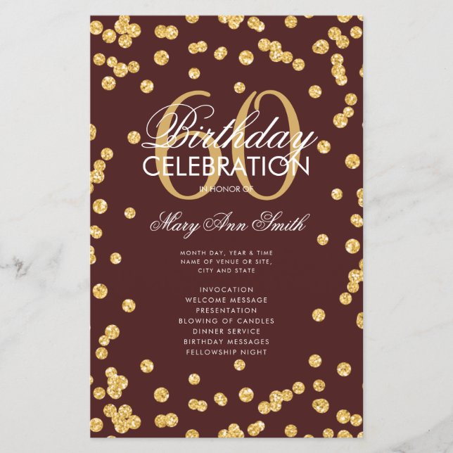 60th Birthday Program Gold Glitter Menu Burgundy   (Front)