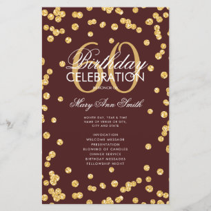 60th Birthday Program Gold Glitter Menu Burgundy  