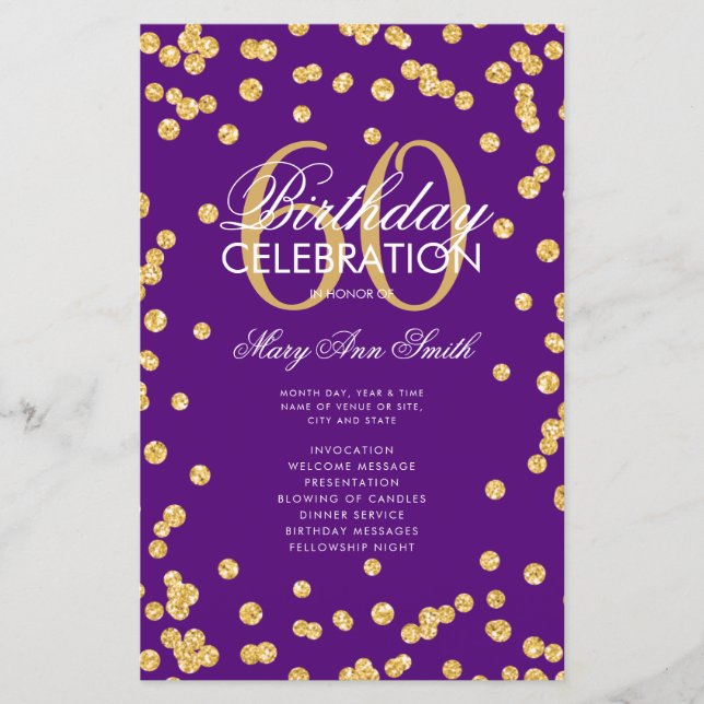 60th Birthday Program Gold Glitter w/ Menu Purple (Front)