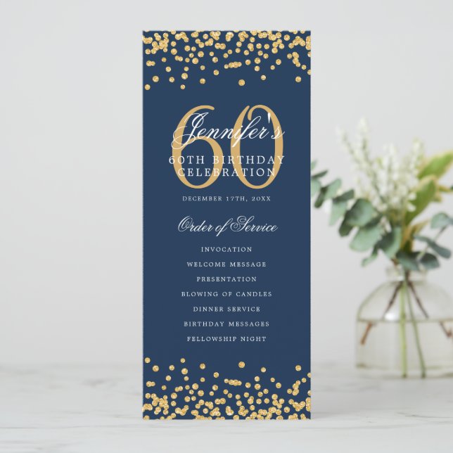 60th Birthday Program Gold Navy Blue Confetti Invitation (Standing Front)