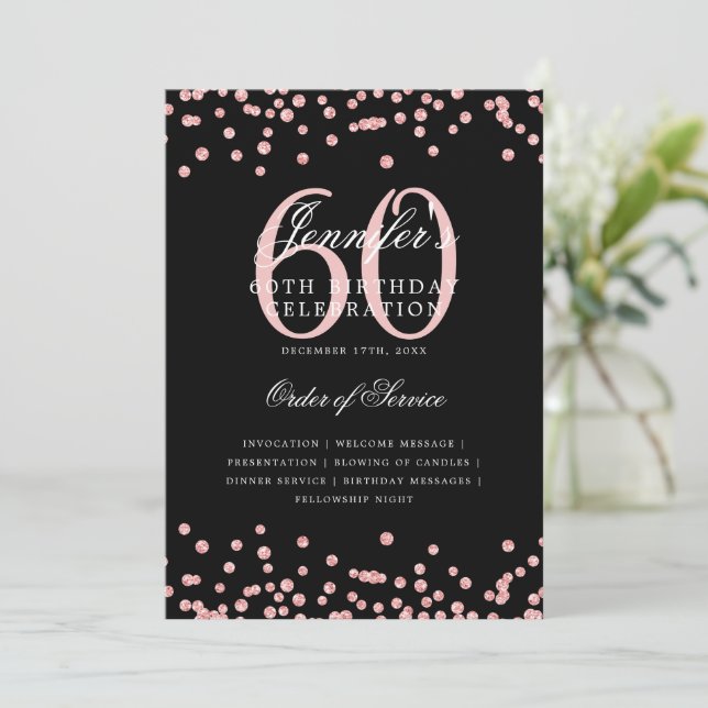 60th Birthday Program Menu Rose Gold Black  Invitation (Standing Front)