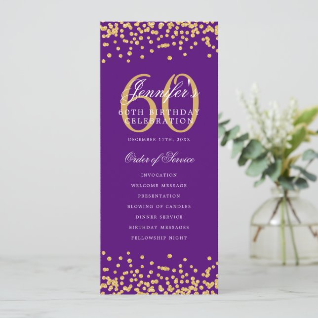 60th Birthday Program Menu Thank U Gold Purple  Invitation (Standing Front)