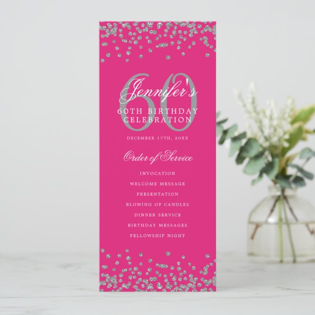60th Birthday Program Menu Thank U Silver Hot Pink Invitation (Standing Front)