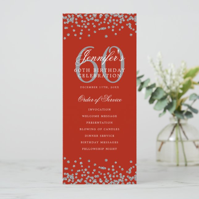 60th Birthday Program Menu Thank U Silver Red  Invitation (Standing Front)
