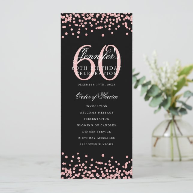 60th Birthday Program Menu Thanks Rose Gold Black  Invitation (Standing Front)