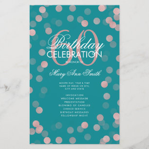 60th Birthday Program Rose Gold Confetti Menu Teal