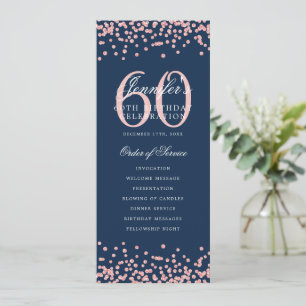 60th Birthday Program Rose Gold Menu Navy Blue  Invitation