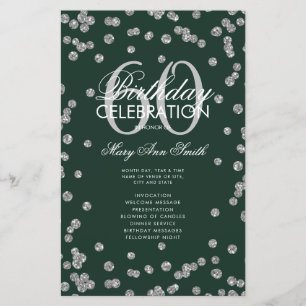60th Birthday Program Silver Glitter w/ Menu Green
