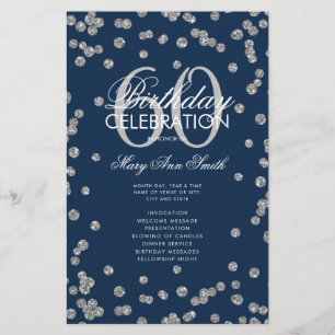 60th Birthday Program Silver Glitter w/ Menu Navy 