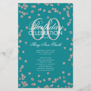 60th Birthday Program Silver Glitter w/ Menu Teal