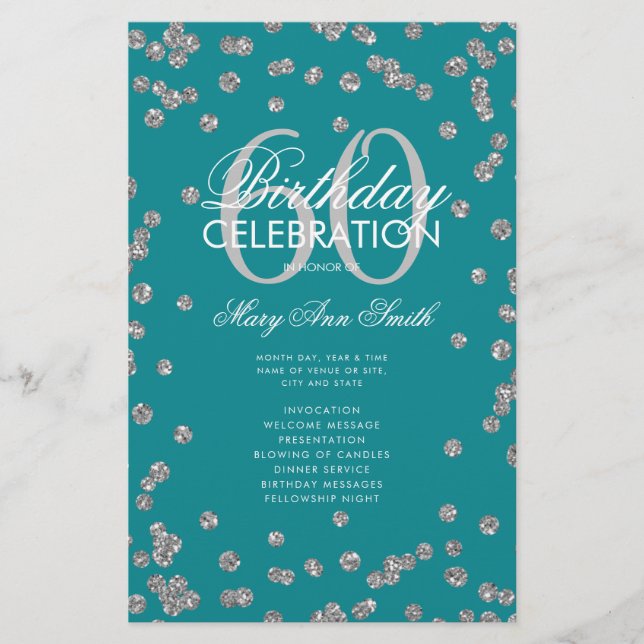 60th Birthday Program Silver Glitter w/ Menu Teal  (Front)