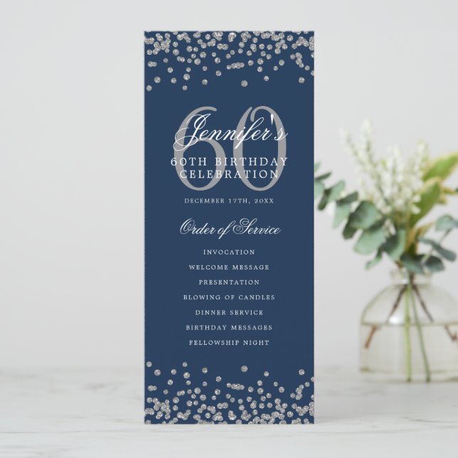 60th Birthday Program Silver Menu Navy Blue  Invitation (Standing Front)