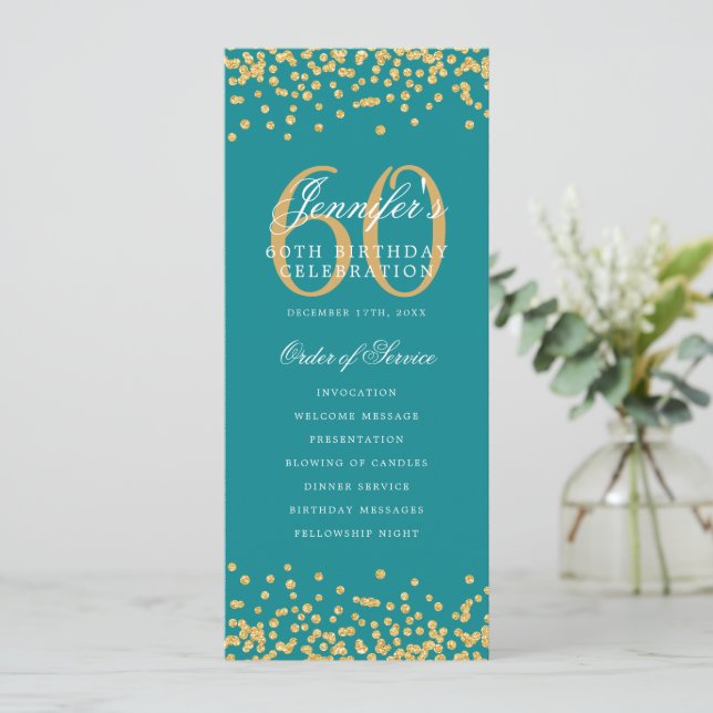 60th Birthday Program Thank You Gold Teal  Invitation (Standing Front)