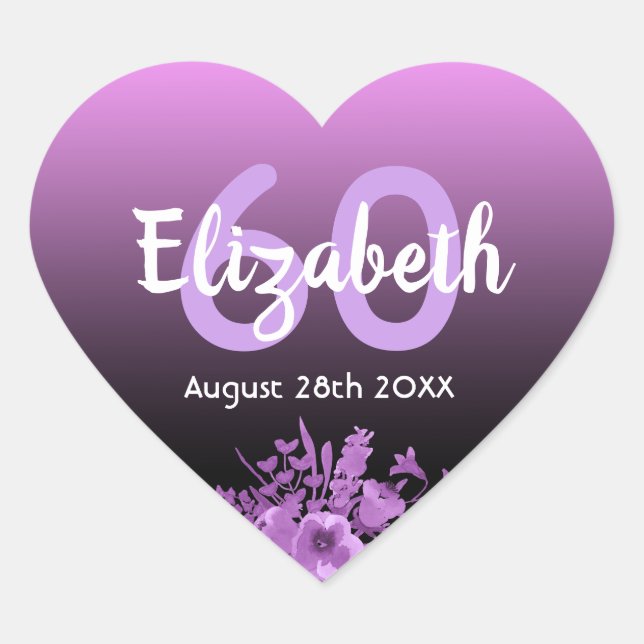 60th birthday purple black flowers heart sticker (Front)