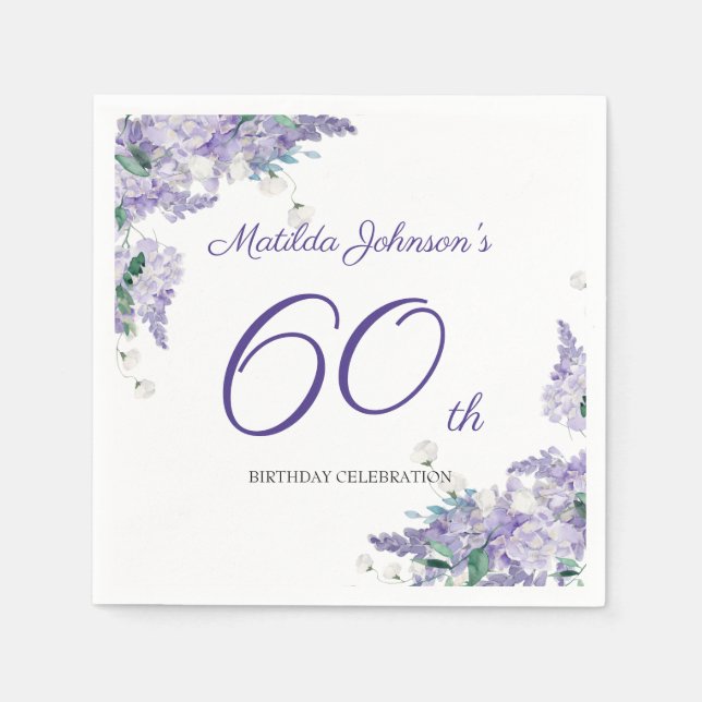 60th Birthday Purple Floral Wisteria Elegant White Napkin (Front)