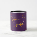 60th birthday purple gold hello 60 typography mug<br><div class="desc">Elegant and modern for a 60th birthday gift.  Girly and feminine dark purple backdrop and faux gold text written with a trendy hand-lettered style script: hello sixty. With golden dots as decor.</div>