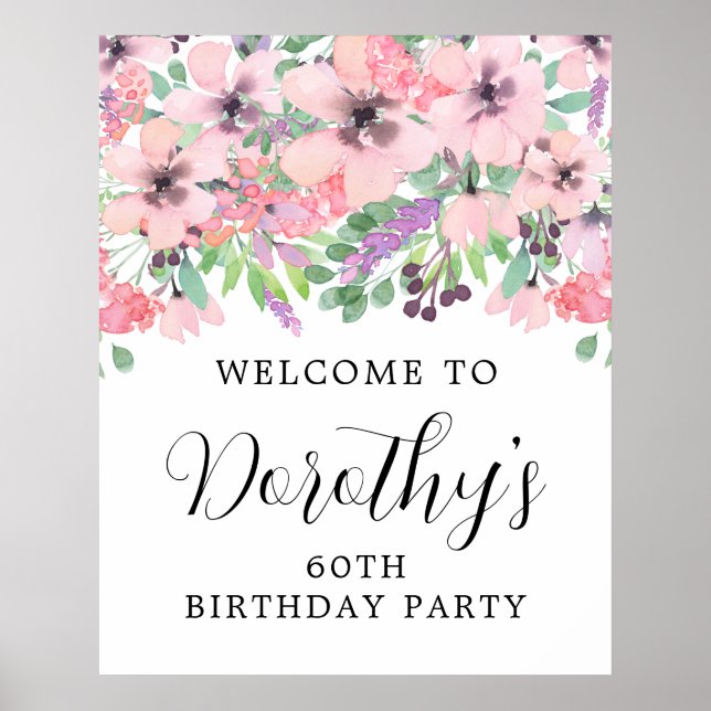 60th Birthday Purple Pink Wildflower Welcome Sign (Front)