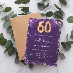 60th Birthday purple rose gold sparkles Invitation