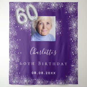 60th birthday purple silver photo glitter welcome tapestry