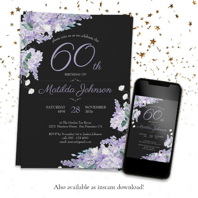 60th Birthday Purple Watercolor Floral Black Chic Invitation (60th Birthday Purple Watercolor Floral Black Chic Invitation)