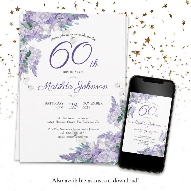 60th Birthday Purple Watercolor Floral Wisteria Invitation (60th Birthday Purple Watercolor Floral Wisteria Invitation)
