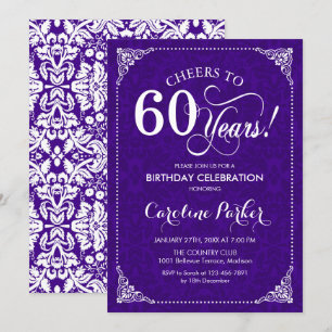 60th Birthday - Purple White Damask Invitation