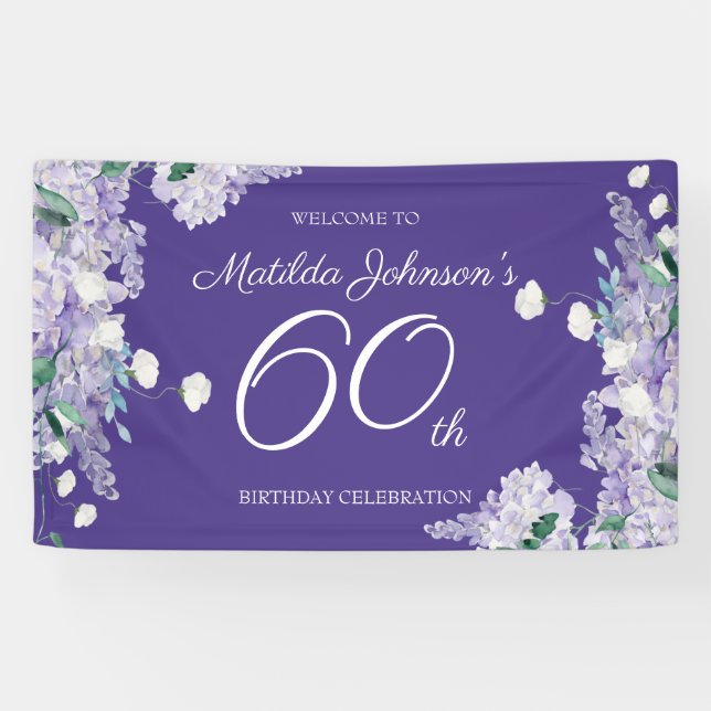 60th Birthday Purple Wisteria Floral Elegant Party Banner (Horizontal)