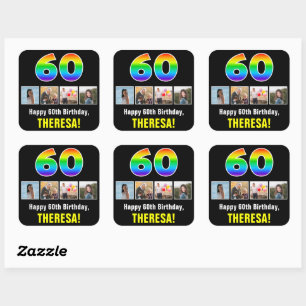 60th Birthday: Rainbow “60”; Custom Photos & Name Square Sticker