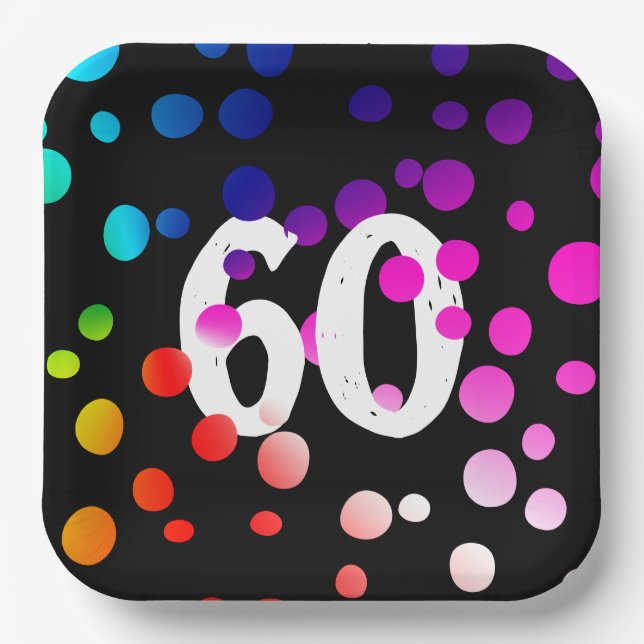 60th Birthday Rainbow Dots on Black Paper Plate (Front)