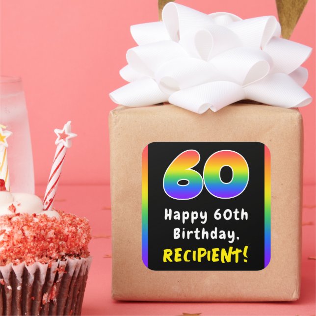 60th Birthday: Rainbow Spectrum # 60, Custom Name Square Sticker (Party)
