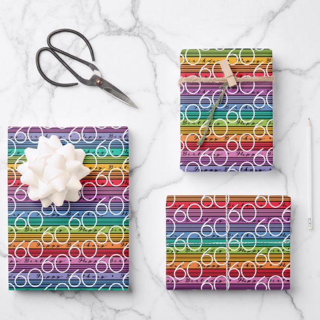 60th Birthday Rainbow Stripes Wrapping Paper Sheet (Front)