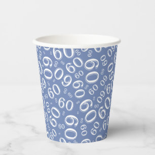 60th Birthday Random Number Pattern Blue/White Paper Cups