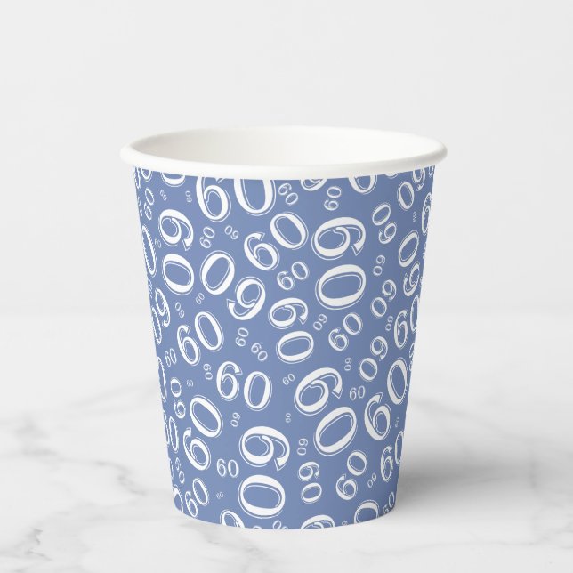 60th Birthday Random Number Pattern Blue/White Paper Cups (Front)