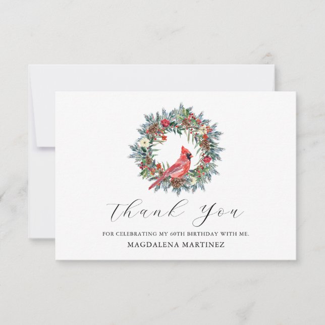 60th Birthday Red Cardinal Wreath Custom Flat Thank You Card (Front)