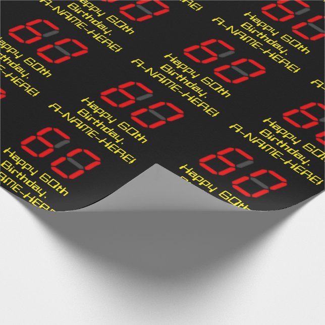 60th Birthday: Red Digital Clock Style "60" + Name Wrapping Paper (Corner)