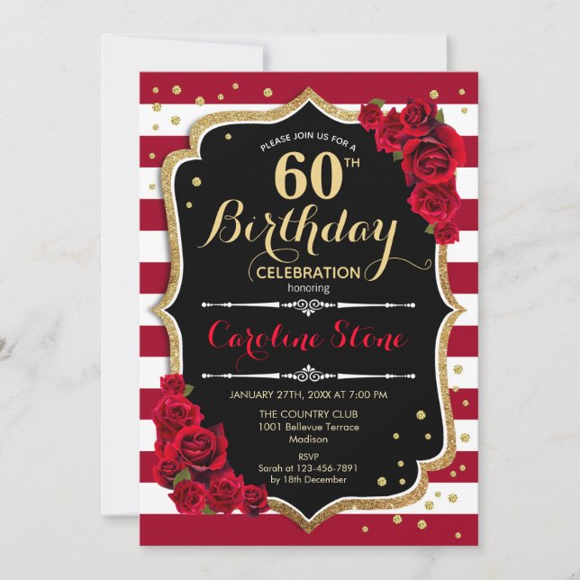 60th Birthday - Red Gold Black White Stripes Roses Invitation (Front)